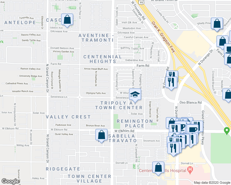 map of restaurants, bars, coffee shops, grocery stores, and more near 7404 Severence Lane in Las Vegas