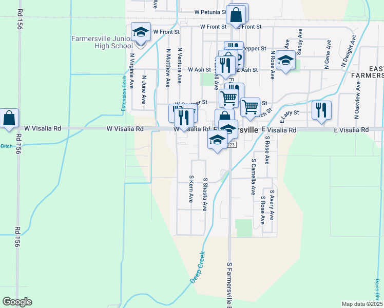map of restaurants, bars, coffee shops, grocery stores, and more near 349 South Kern Avenue in Farmersville