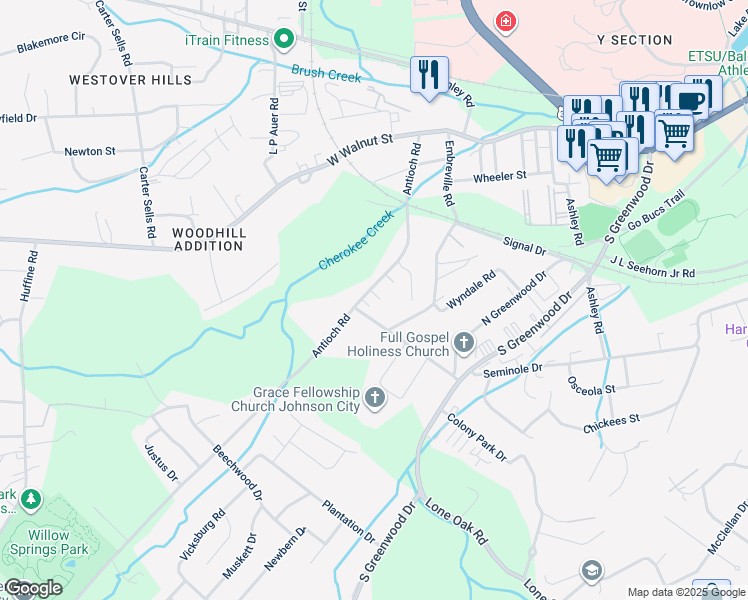 map of restaurants, bars, coffee shops, grocery stores, and more near 2119 Seminole Drive in Johnson City