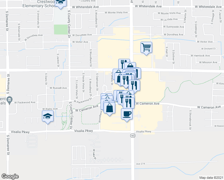 map of restaurants, bars, coffee shops, grocery stores, and more near 3910 South Shady Street in Visalia