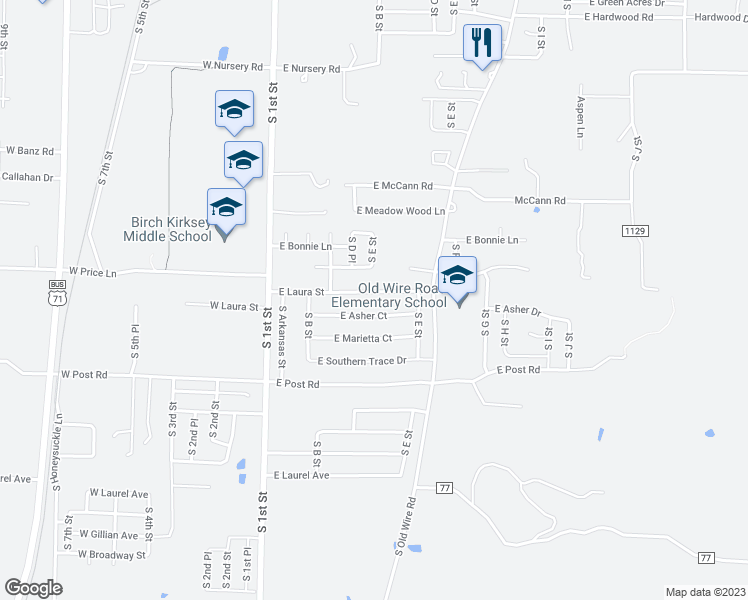 map of restaurants, bars, coffee shops, grocery stores, and more near 402 East Laura Street in Rogers