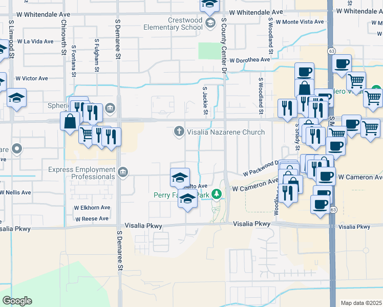 map of restaurants, bars, coffee shops, grocery stores, and more near 3111 West Russell Avenue in Visalia