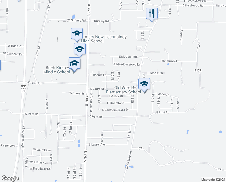 map of restaurants, bars, coffee shops, grocery stores, and more near 312 East Laura Street in Springdale