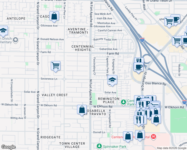 map of restaurants, bars, coffee shops, grocery stores, and more near 7404 Severence Lane in Las Vegas