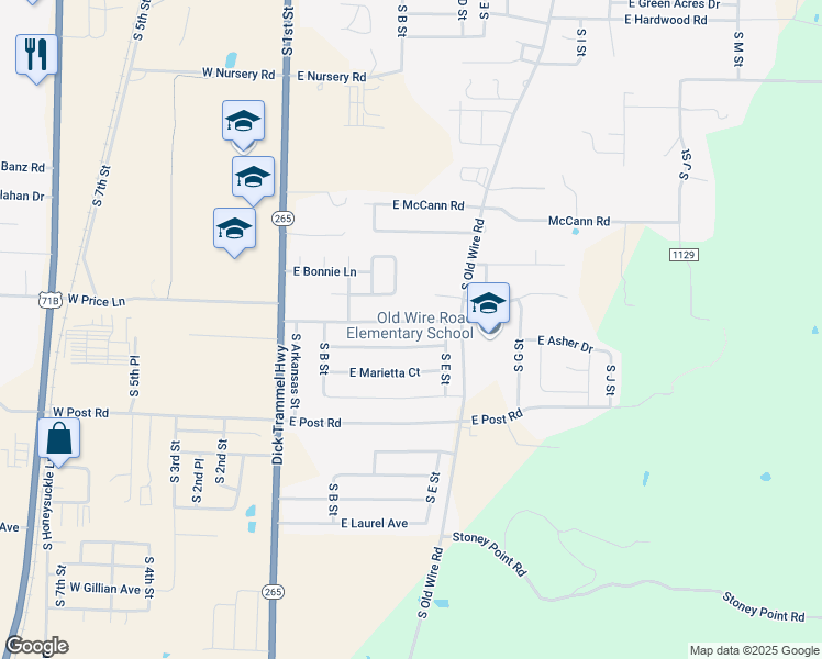map of restaurants, bars, coffee shops, grocery stores, and more near 408 East Laura Street in Rogers