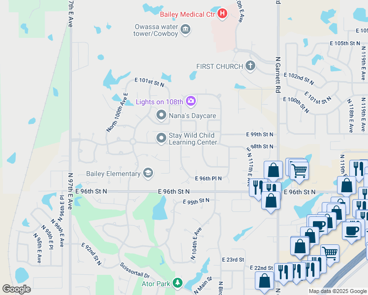 map of restaurants, bars, coffee shops, grocery stores, and more near 10705 East 97th Place North in Owasso