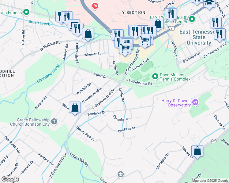 map of restaurants, bars, coffee shops, grocery stores, and more near 1204 Ashley Road in Johnson City