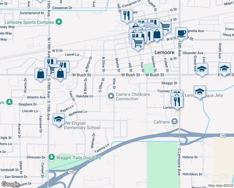 map of restaurants, bars, coffee shops, grocery stores, and more near 100 Vine Street in Lemoore