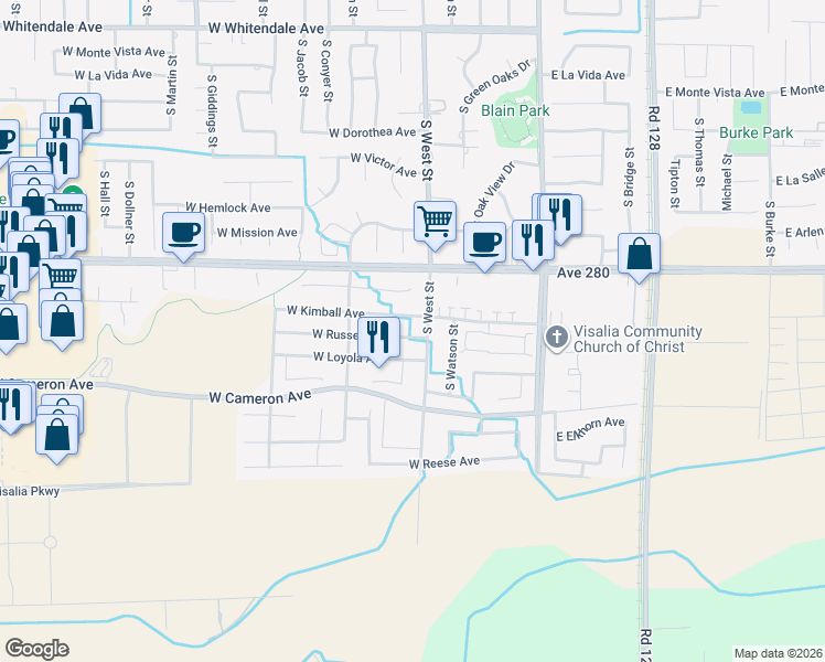 map of restaurants, bars, coffee shops, grocery stores, and more near 3849 South West Street in Visalia