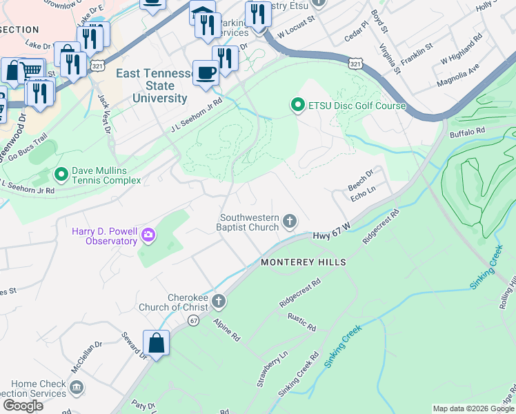 map of restaurants, bars, coffee shops, grocery stores, and more near 1701 Galen Drive in Johnson City