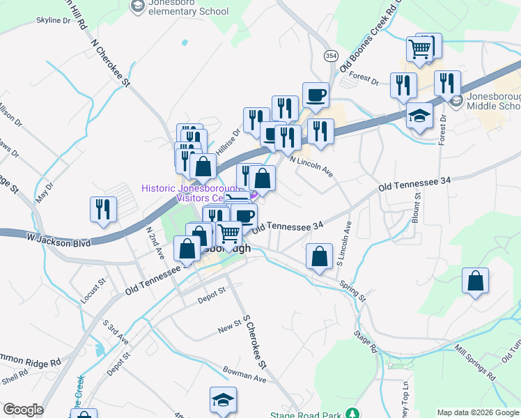 map of restaurants, bars, coffee shops, grocery stores, and more near 215 East Main Street in Jonesborough