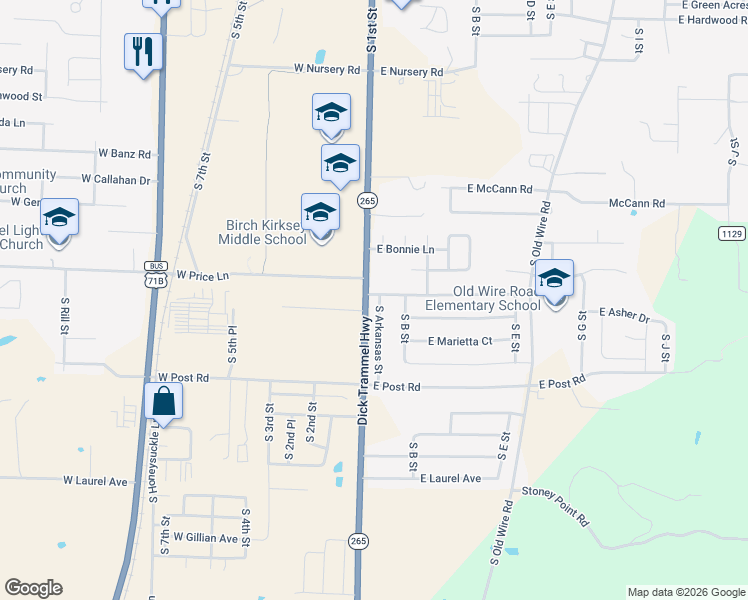 map of restaurants, bars, coffee shops, grocery stores, and more near 3008 South Arkansas Street in Rogers