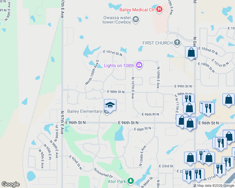 map of restaurants, bars, coffee shops, grocery stores, and more near 10201 East 97th Street North in Owasso