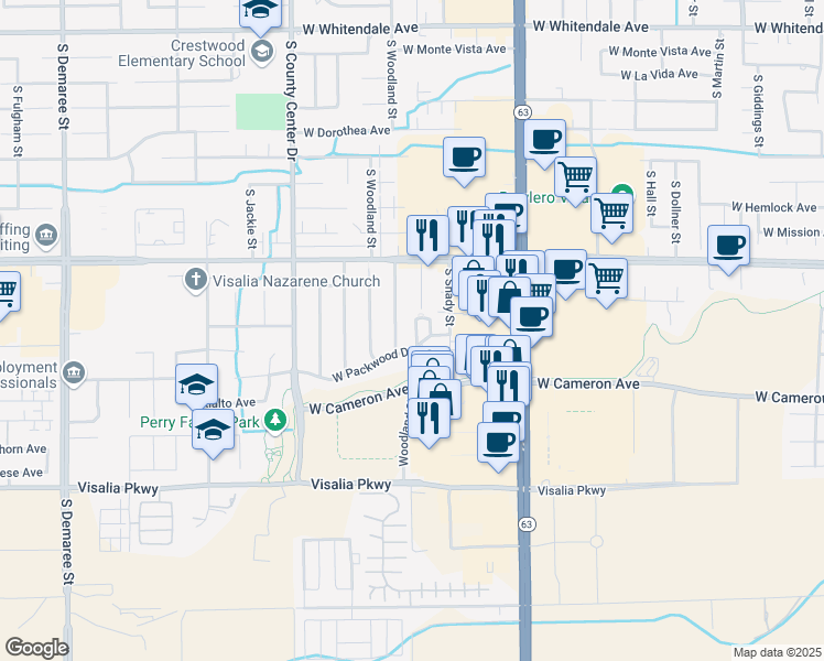 map of restaurants, bars, coffee shops, grocery stores, and more near 2418 West Packwood Drive in Visalia