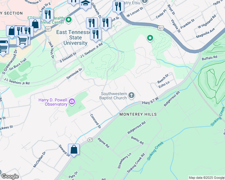 map of restaurants, bars, coffee shops, grocery stores, and more near 6 University Place in Johnson City
