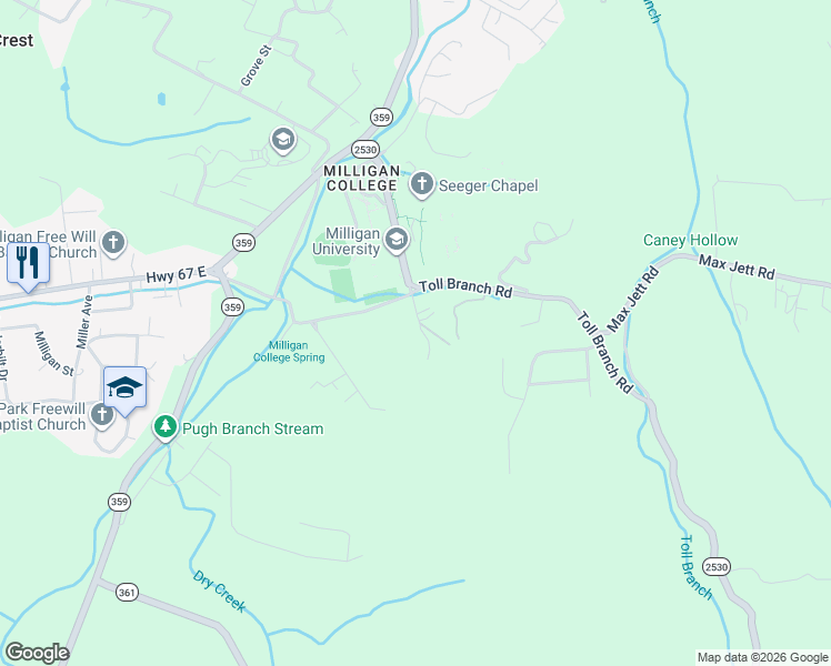 map of restaurants, bars, coffee shops, grocery stores, and more near 128 V I P Road in Johnson City