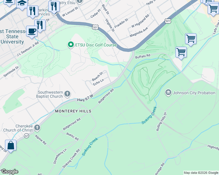 map of restaurants, bars, coffee shops, grocery stores, and more near 902 Echo Lane in Johnson City