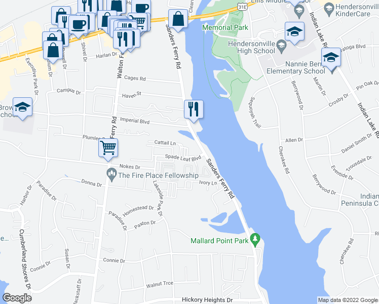 map of restaurants, bars, coffee shops, grocery stores, and more near 114 Cattail Lane in Hendersonville