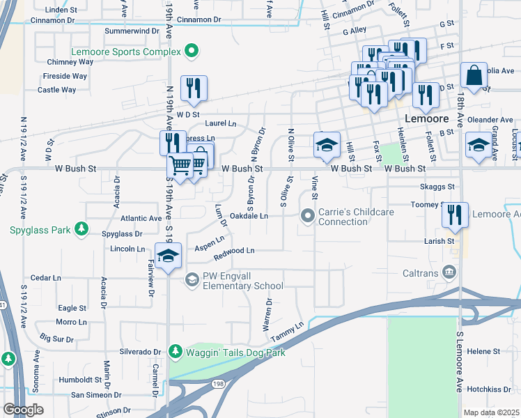 map of restaurants, bars, coffee shops, grocery stores, and more near 41 S Cambridge Dr in Lemoore