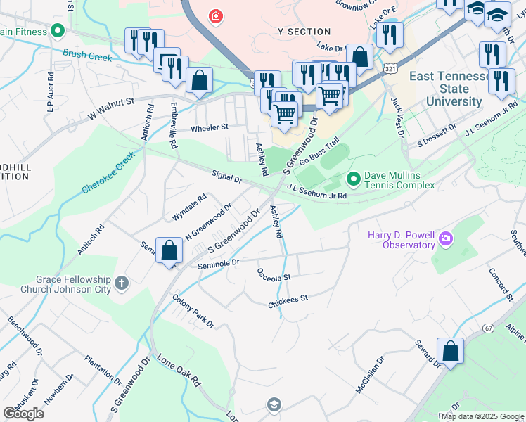 map of restaurants, bars, coffee shops, grocery stores, and more near 2121 South Greenwood Drive in Johnson City