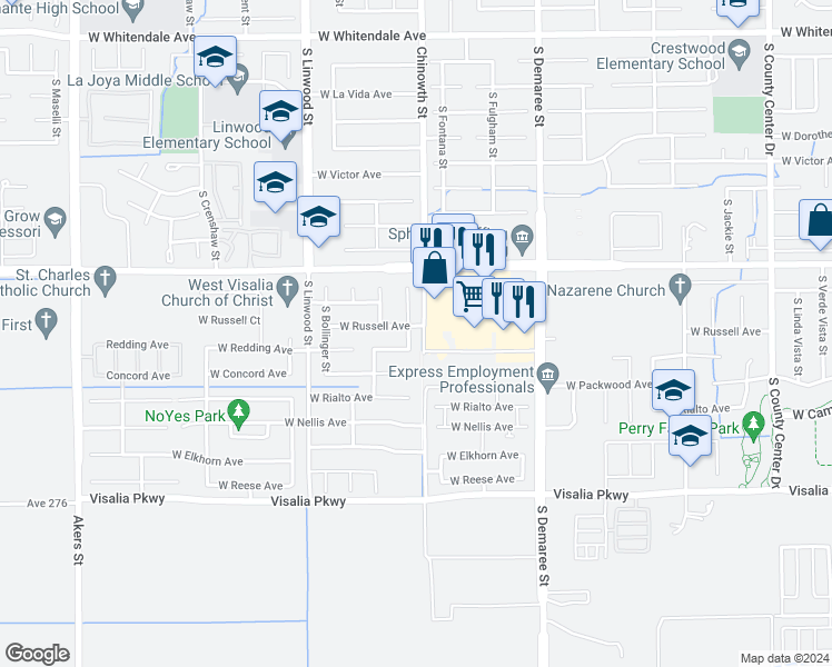 map of restaurants, bars, coffee shops, grocery stores, and more near 3814 South Pride Street in Visalia