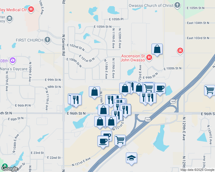 map of restaurants, bars, coffee shops, grocery stores, and more near 11806 East 99th Street North in Owasso