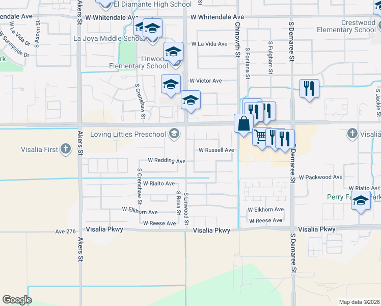 map of restaurants, bars, coffee shops, grocery stores, and more near 3719 S Bollinger St in Visalia