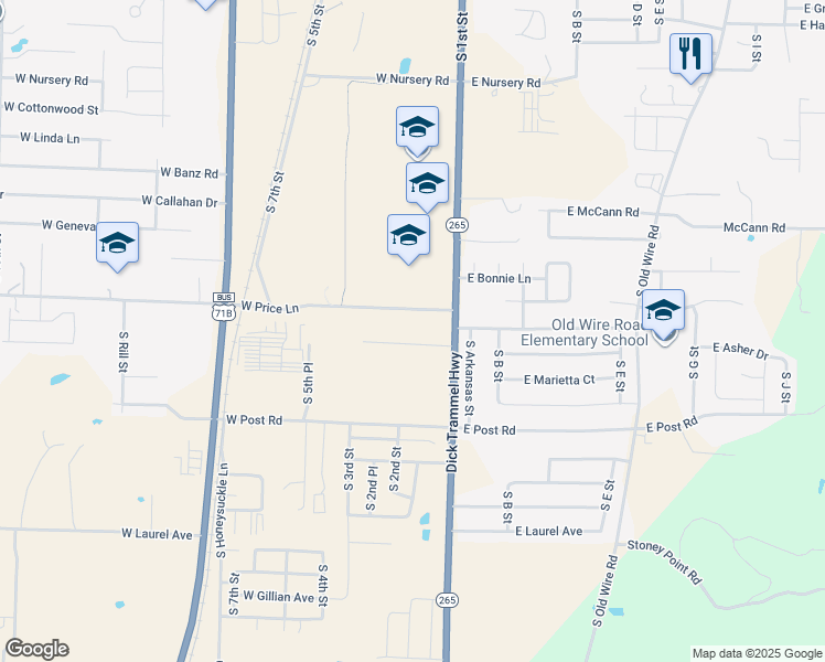 map of restaurants, bars, coffee shops, grocery stores, and more near 101 West Laura Street in Rogers