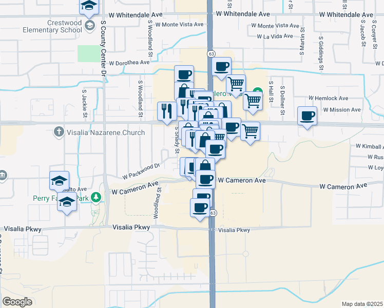 map of restaurants, bars, coffee shops, grocery stores, and more near 3729 South Mooney Boulevard in Visalia