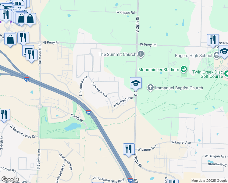 map of restaurants, bars, coffee shops, grocery stores, and more near 2702 West Kilimanjaro Way in Rogers