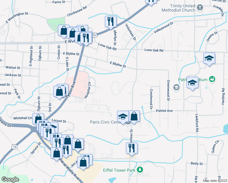 map of restaurants, bars, coffee shops, grocery stores, and more near 372 Paris Harbor Drive in Paris