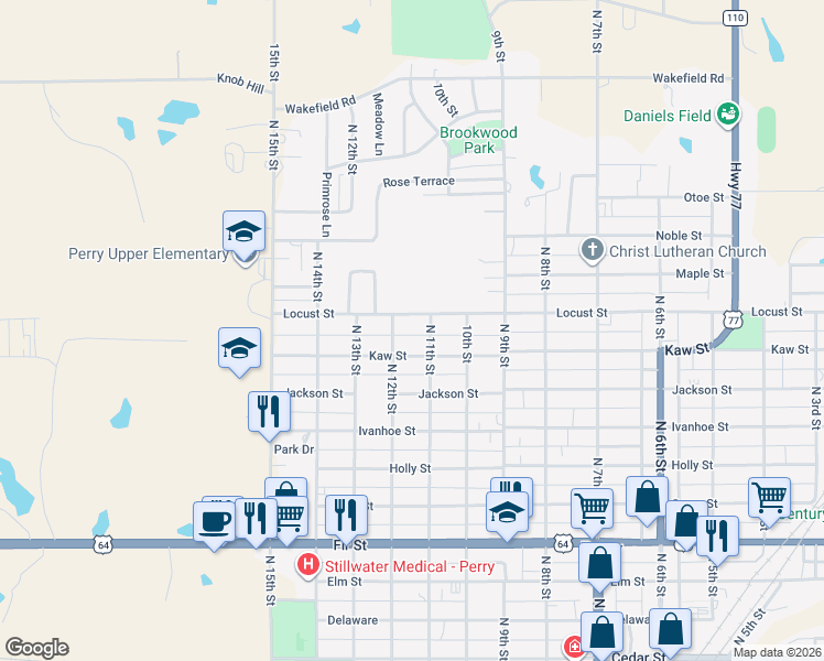 map of restaurants, bars, coffee shops, grocery stores, and more near 1135 Locust Street in Perry
