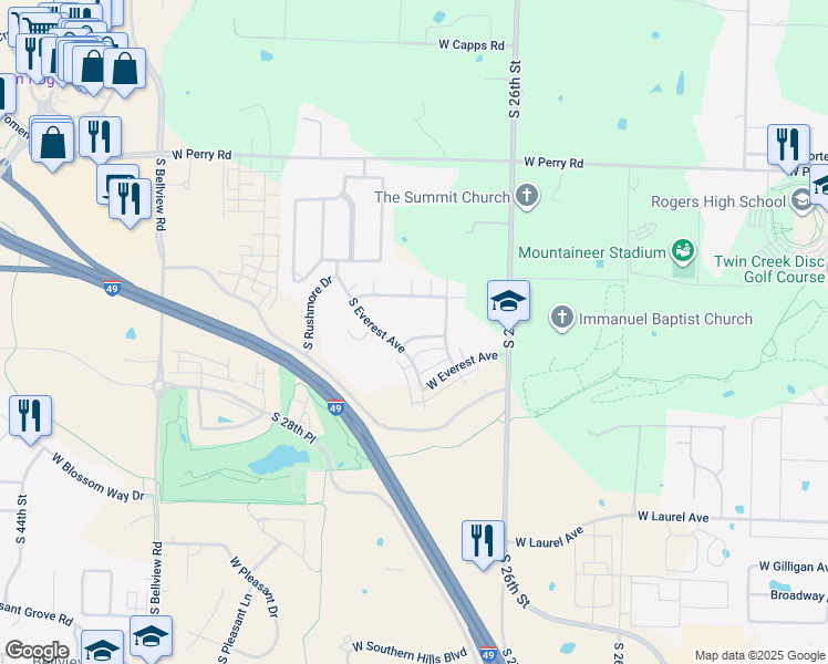 map of restaurants, bars, coffee shops, grocery stores, and more near 2731 West Shasta Road in Rogers