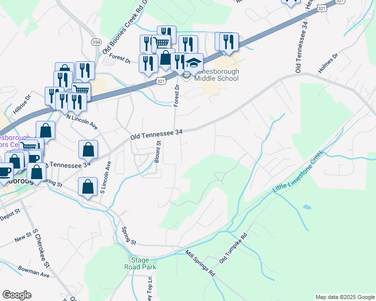 map of restaurants, bars, coffee shops, grocery stores, and more near 510 East Main Street in Jonesborough