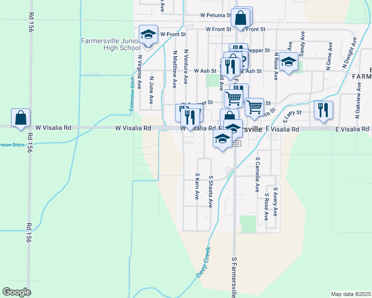 map of restaurants, bars, coffee shops, grocery stores, and more near 266 South Ventura Avenue in Farmersville