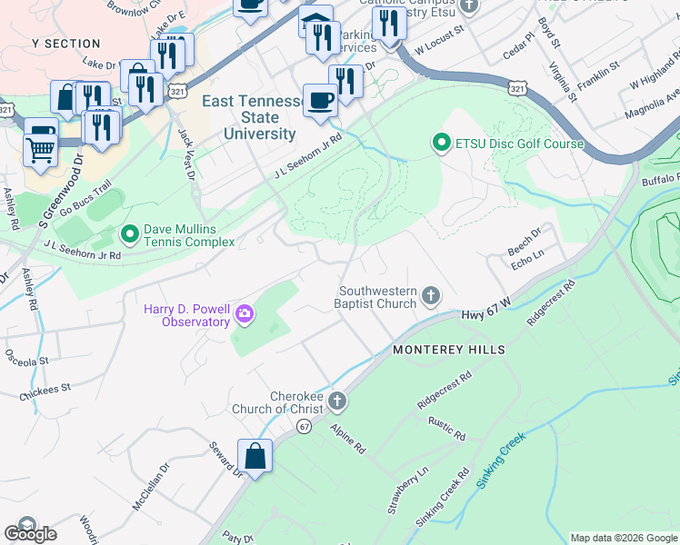 map of restaurants, bars, coffee shops, grocery stores, and more near 1302 College Heights Road in Johnson City