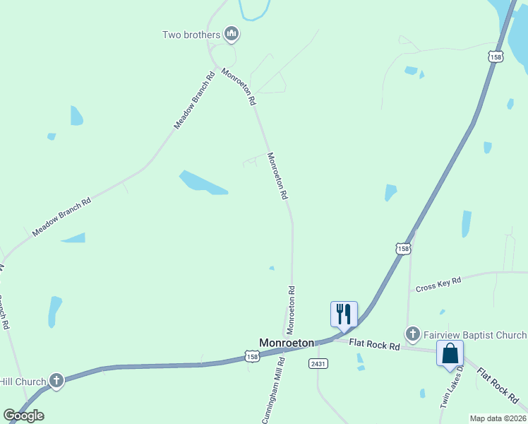 map of restaurants, bars, coffee shops, grocery stores, and more near 348 Monroeton Road in Reidsville