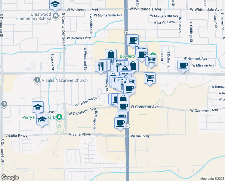 map of restaurants, bars, coffee shops, grocery stores, and more near 3643 South Mooney Boulevard in Visalia