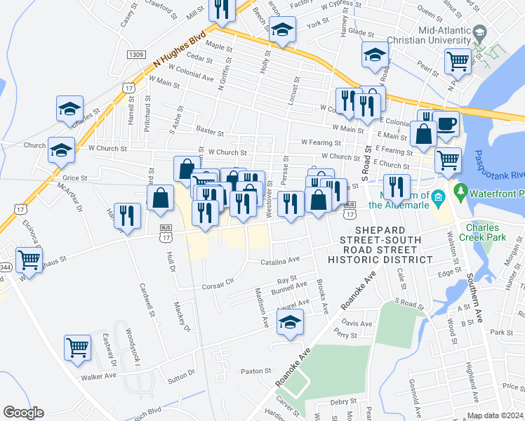 map of restaurants, bars, coffee shops, grocery stores, and more near 415 Westover Street in Elizabeth City