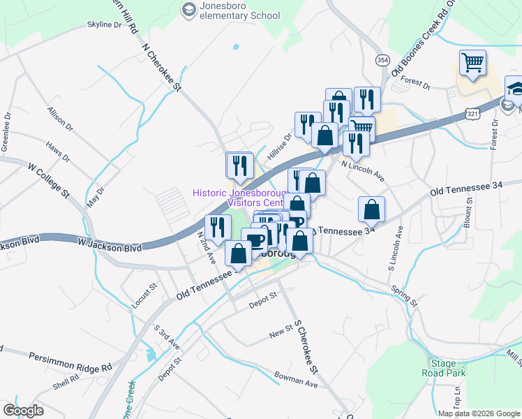 map of restaurants, bars, coffee shops, grocery stores, and more near 300 North Cherokee Street in Jonesborough