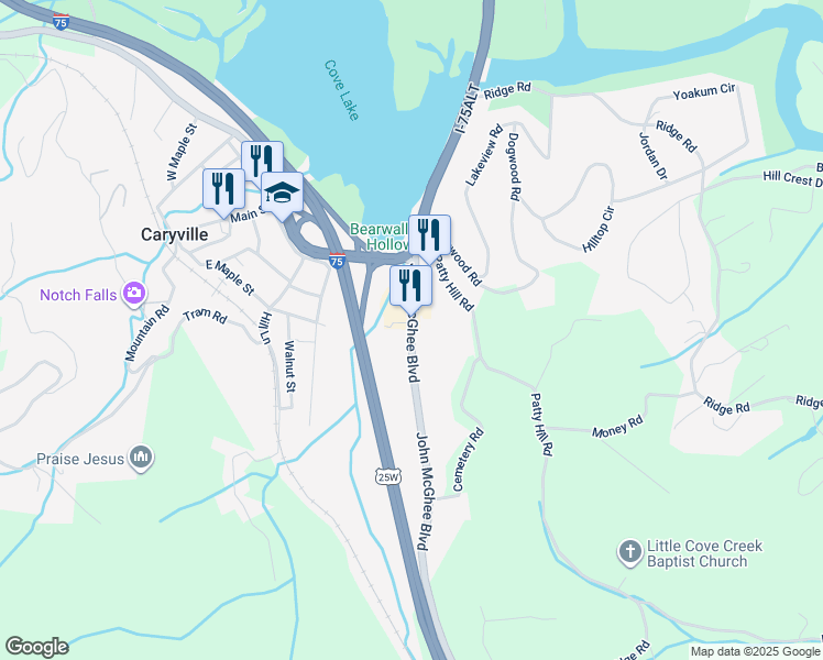 map of restaurants, bars, coffee shops, grocery stores, and more near 154 John McGhee Boulevard in Caryville
