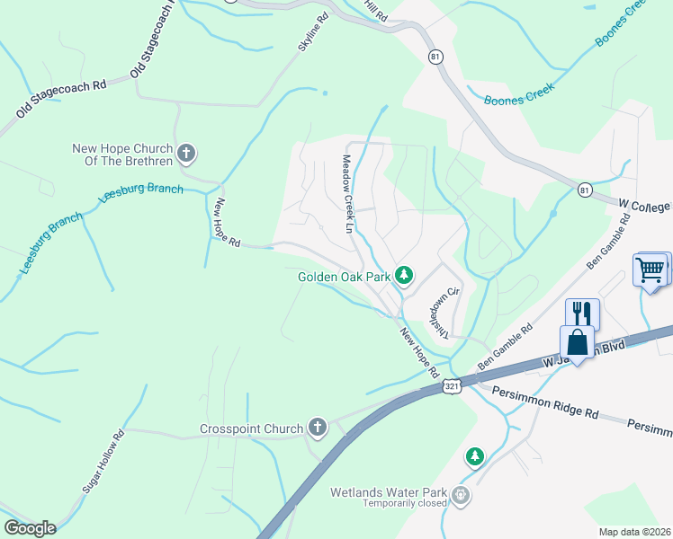 map of restaurants, bars, coffee shops, grocery stores, and more near 203 New Hope Road in Jonesborough