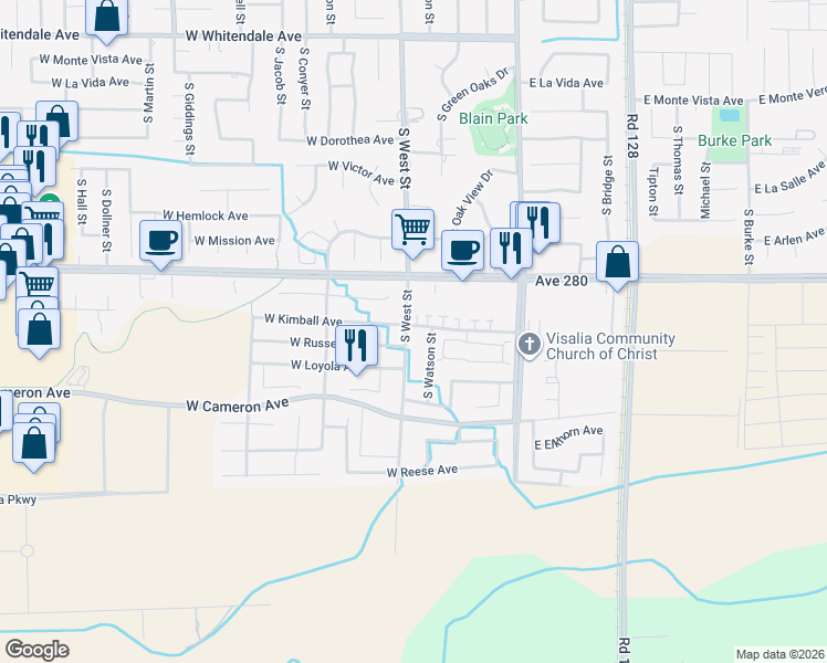map of restaurants, bars, coffee shops, grocery stores, and more near 3800 South West Street in Visalia