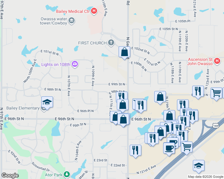 map of restaurants, bars, coffee shops, grocery stores, and more near 11056 East 99th Street North in Owasso