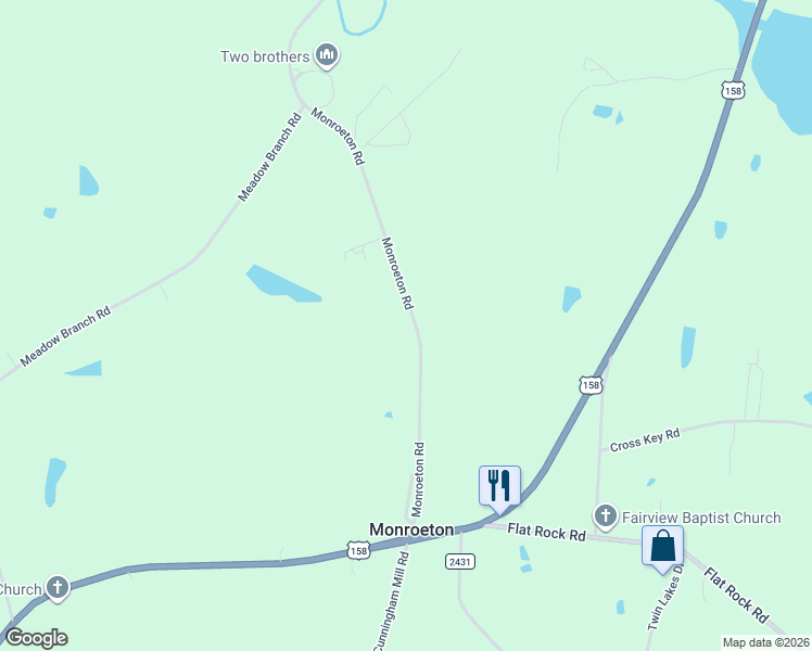 map of restaurants, bars, coffee shops, grocery stores, and more near 348 Monroeton Road in Reidsville