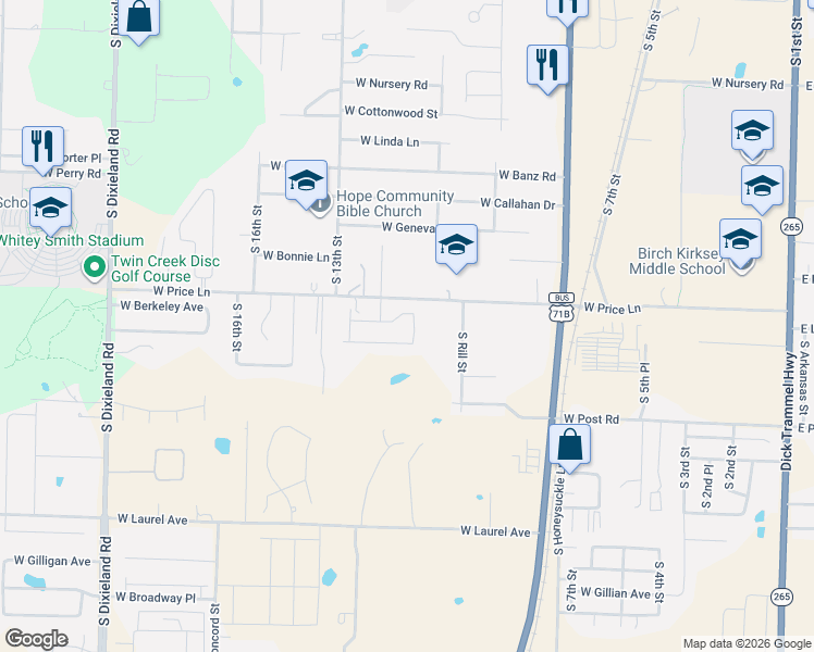 map of restaurants, bars, coffee shops, grocery stores, and more near 1101 West Berkeley Avenue in Rogers