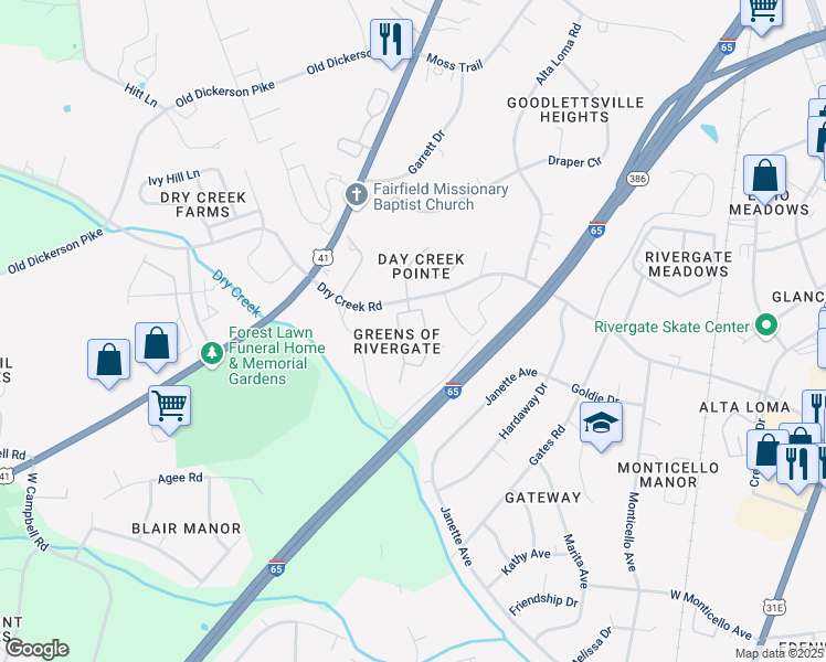 map of restaurants, bars, coffee shops, grocery stores, and more near 30 Dry Creek Road in Goodlettsville