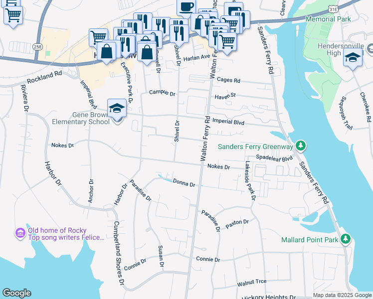 map of restaurants, bars, coffee shops, grocery stores, and more near 95 Plumlee Drive in Hendersonville