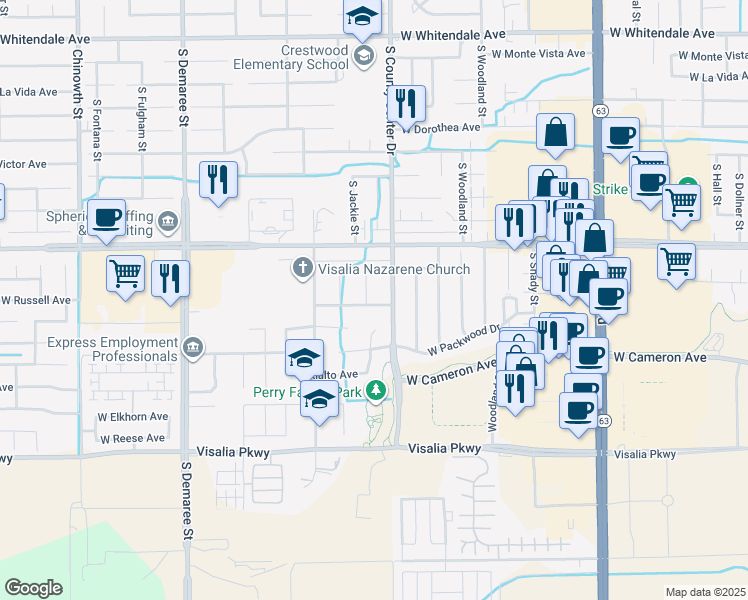 map of restaurants, bars, coffee shops, grocery stores, and more near 3720 South Mountain Court in Visalia