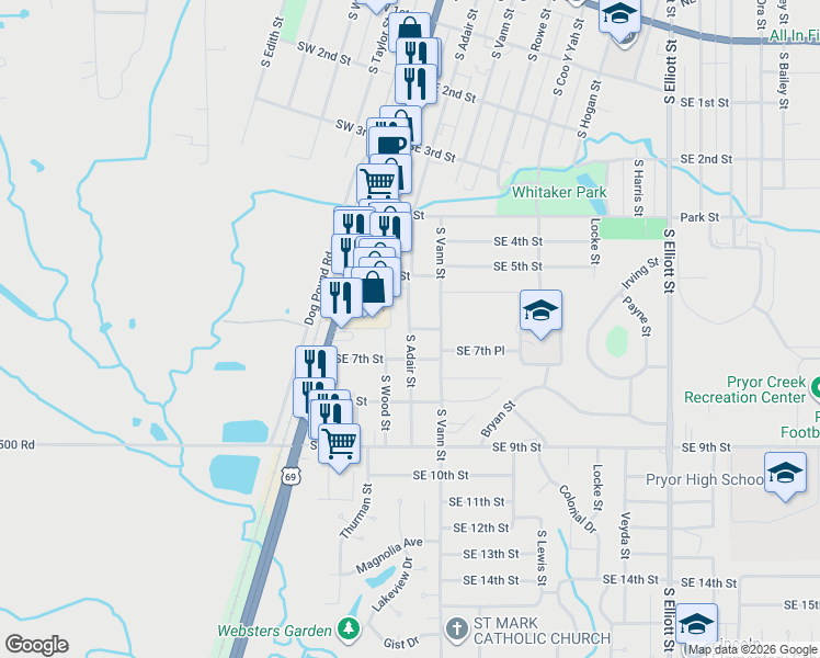 map of restaurants, bars, coffee shops, grocery stores, and more near 600 South Adair Street in Pryor